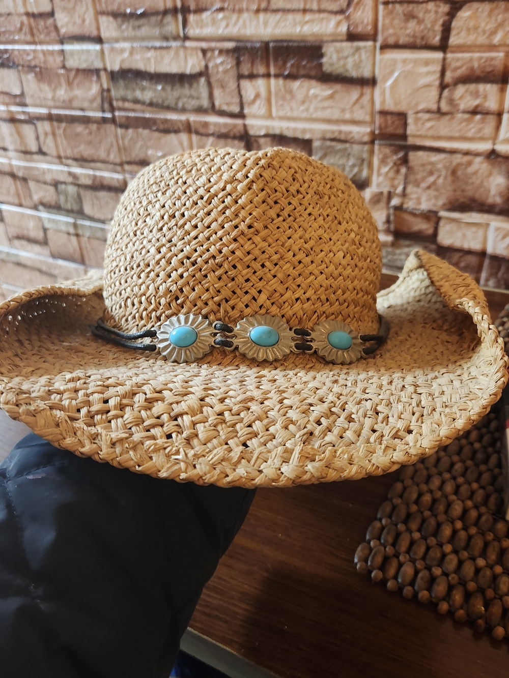 Tan Straw Western Hat with Turquoise Stone Accents